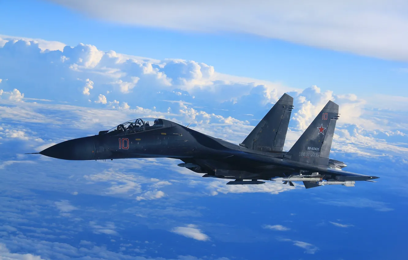 Фото обои небо, облака, истребитель, полёт, Су-35, реактивный, многоцелевой, сверхманевренный