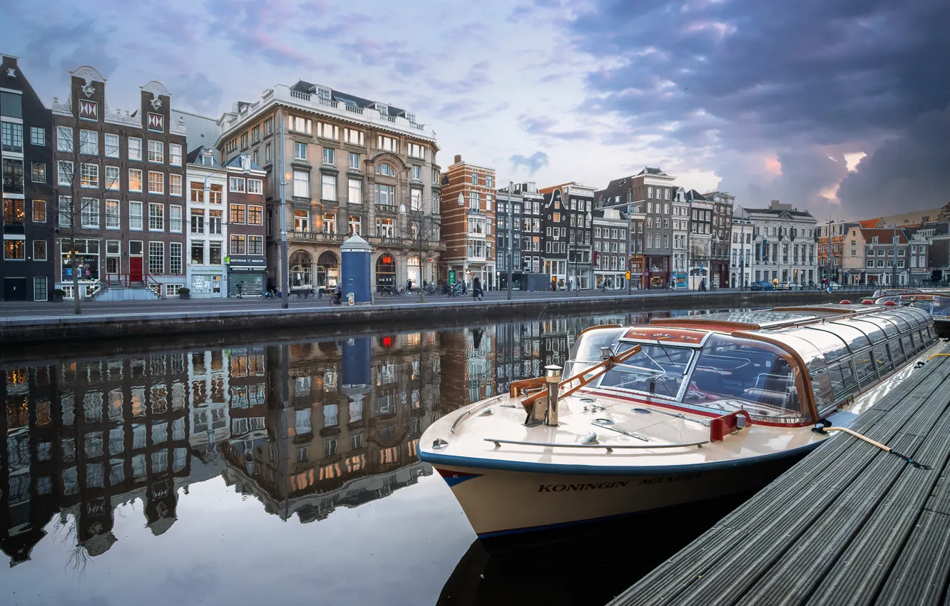Фото обои отражение, здания, дома, причал, Амстердам, канал, Нидерланды, Amsterdam