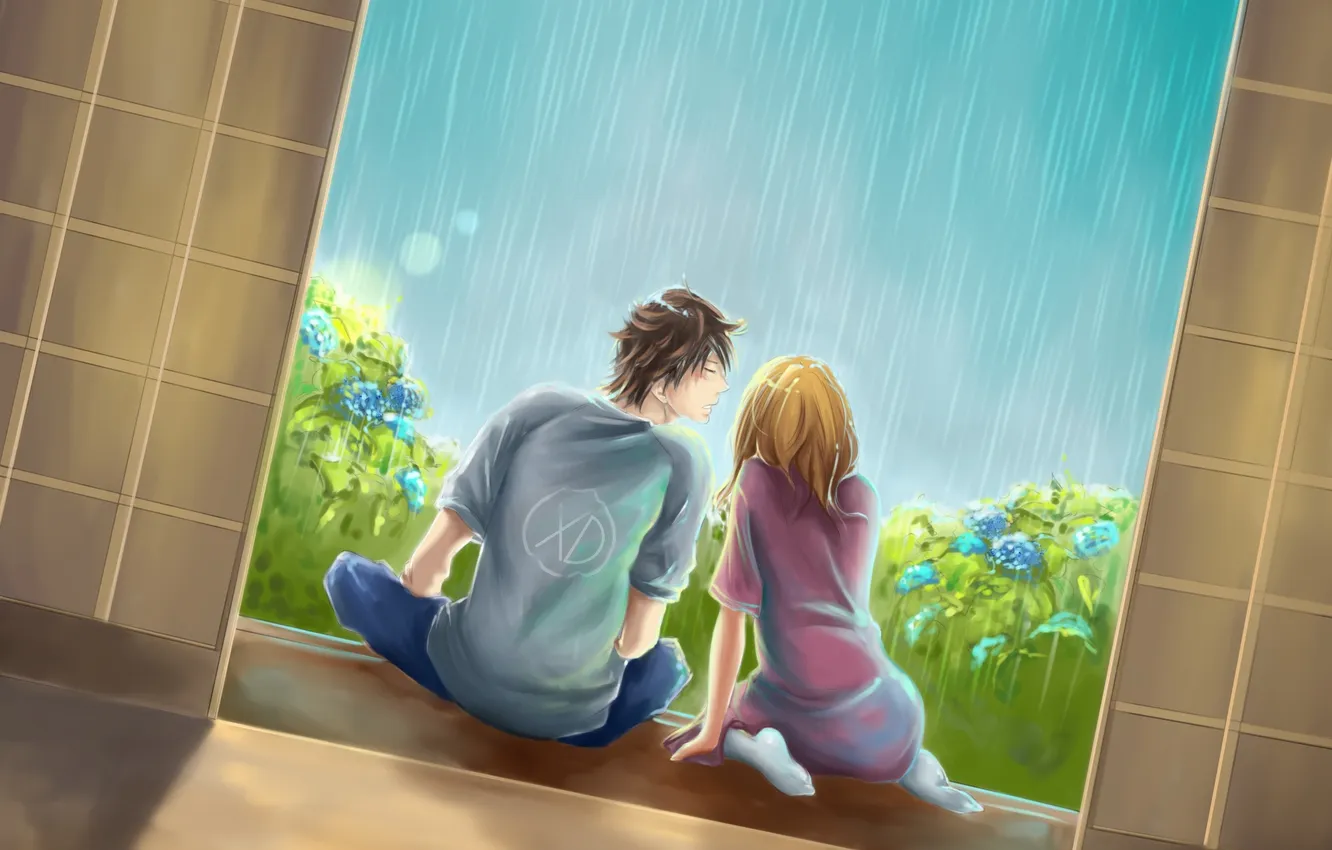 Фото обои девушка, дождь, арт, парень, порог, гортензии, Nakamura Miharu