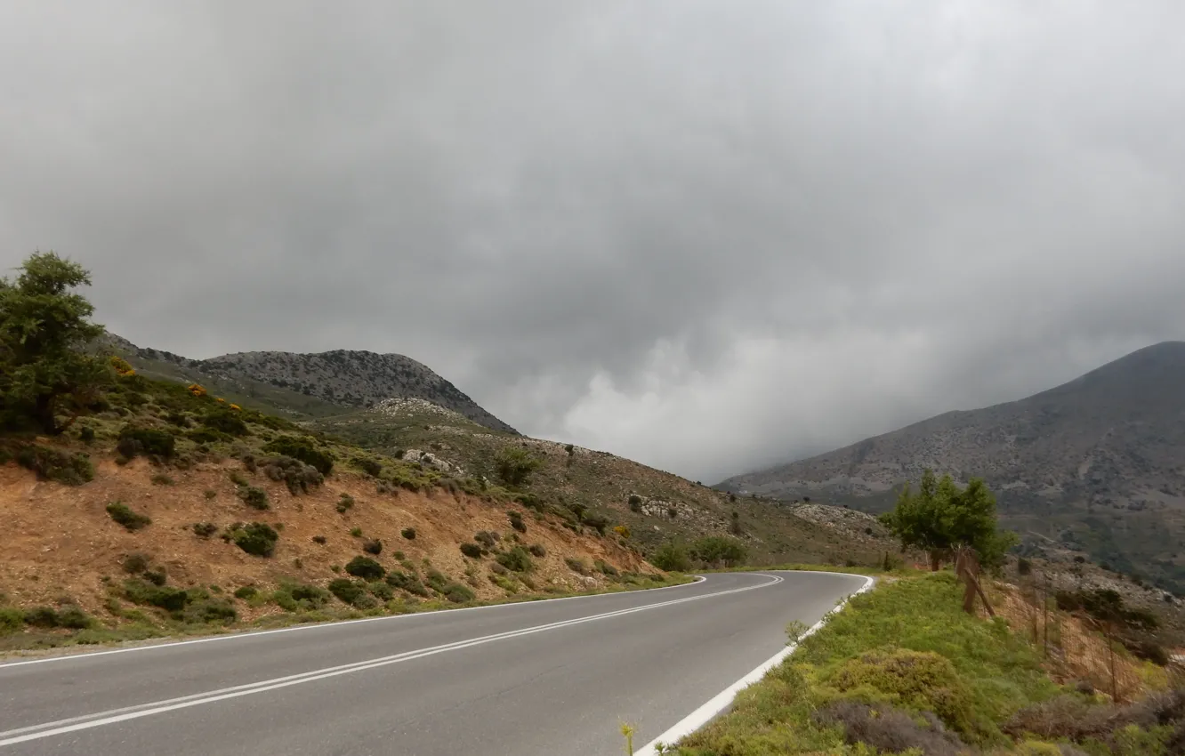 Фото обои дорога, трава, облака, горы, природа, греция, крит