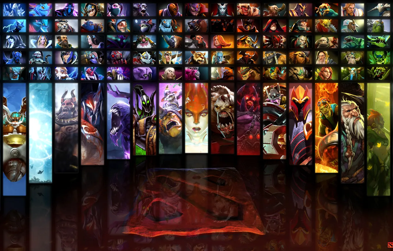 Фото обои знак, логотип, герои, dota, таблица, список, все герои, dota2