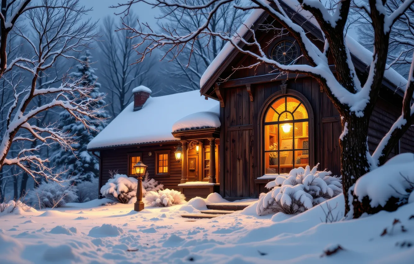 Фото обои зима, иней, лес, снег, деревья, ночь, ветки, новый год