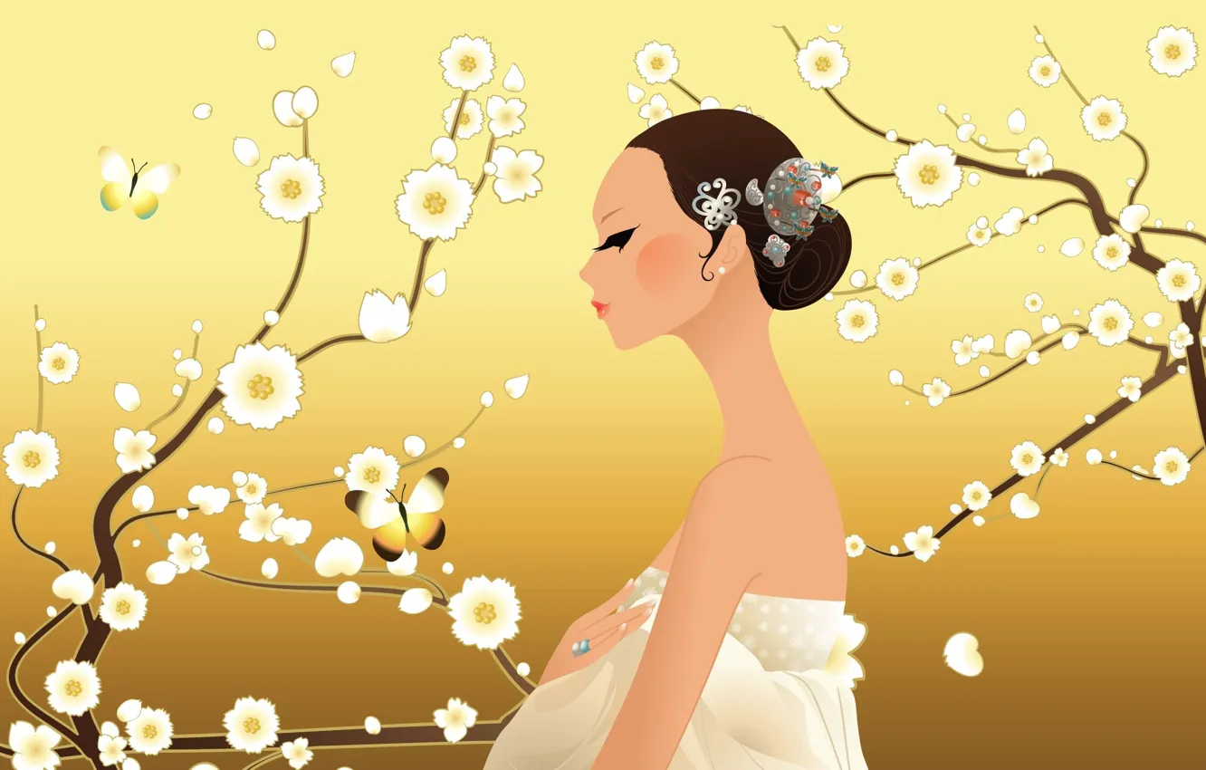 Фото обои украшения, бабочка, красота, butterfly, beauty, девушка в белом, jewelry, flowering trees