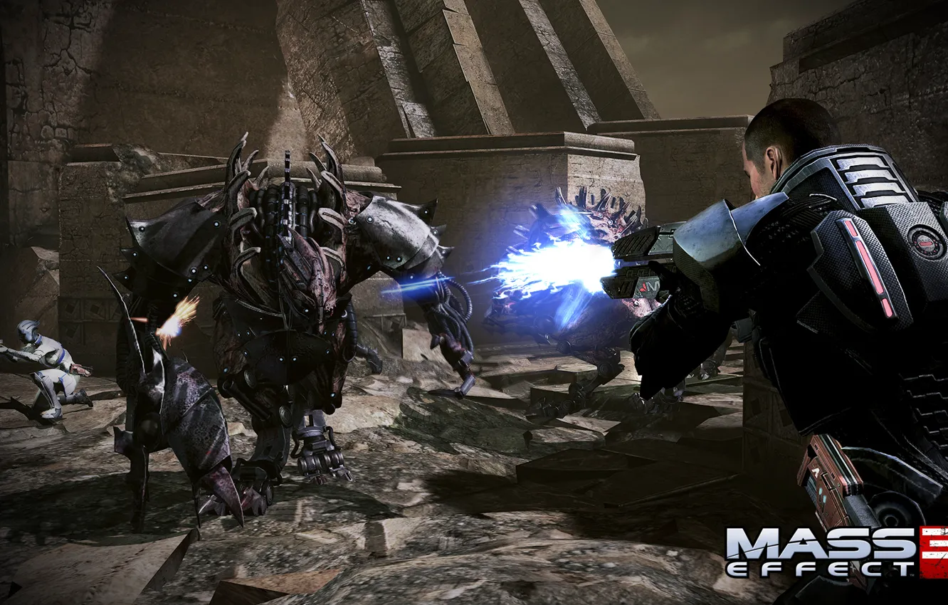 Фото обои бой, Mass Effect 3, Лиара, Shepard, Твари, Тучанка