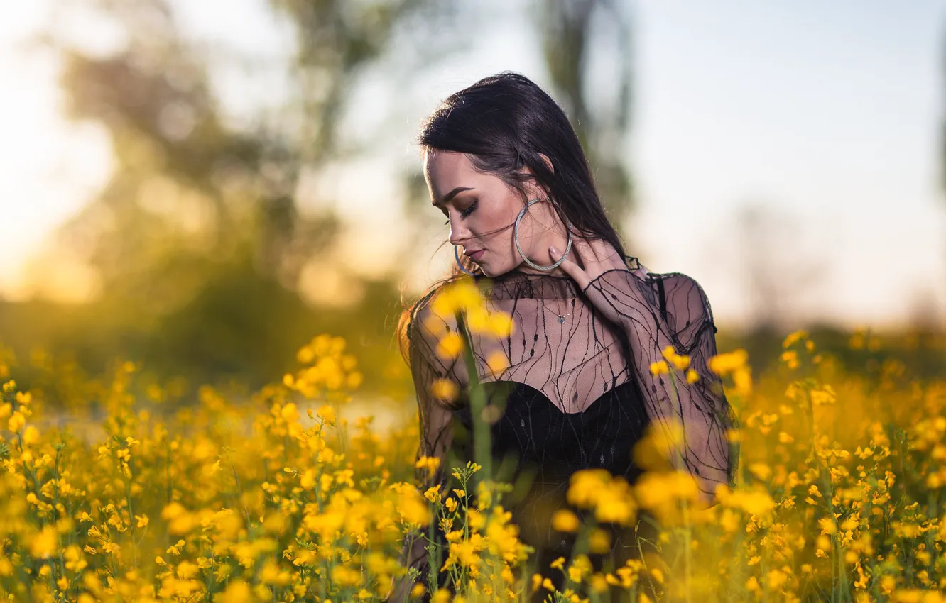 Фото обои поле, девушка, цветы, природа, поза, Andrea Carretta