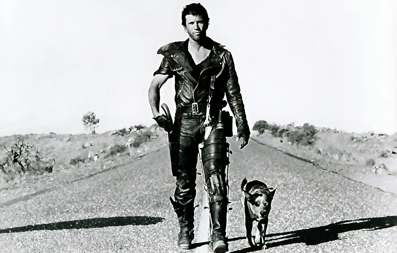 Фото обои дорога, собака, арт, постапокалиптика, Mel Gibson, Воин дороги, Мел Гибсон, Mad Max 2