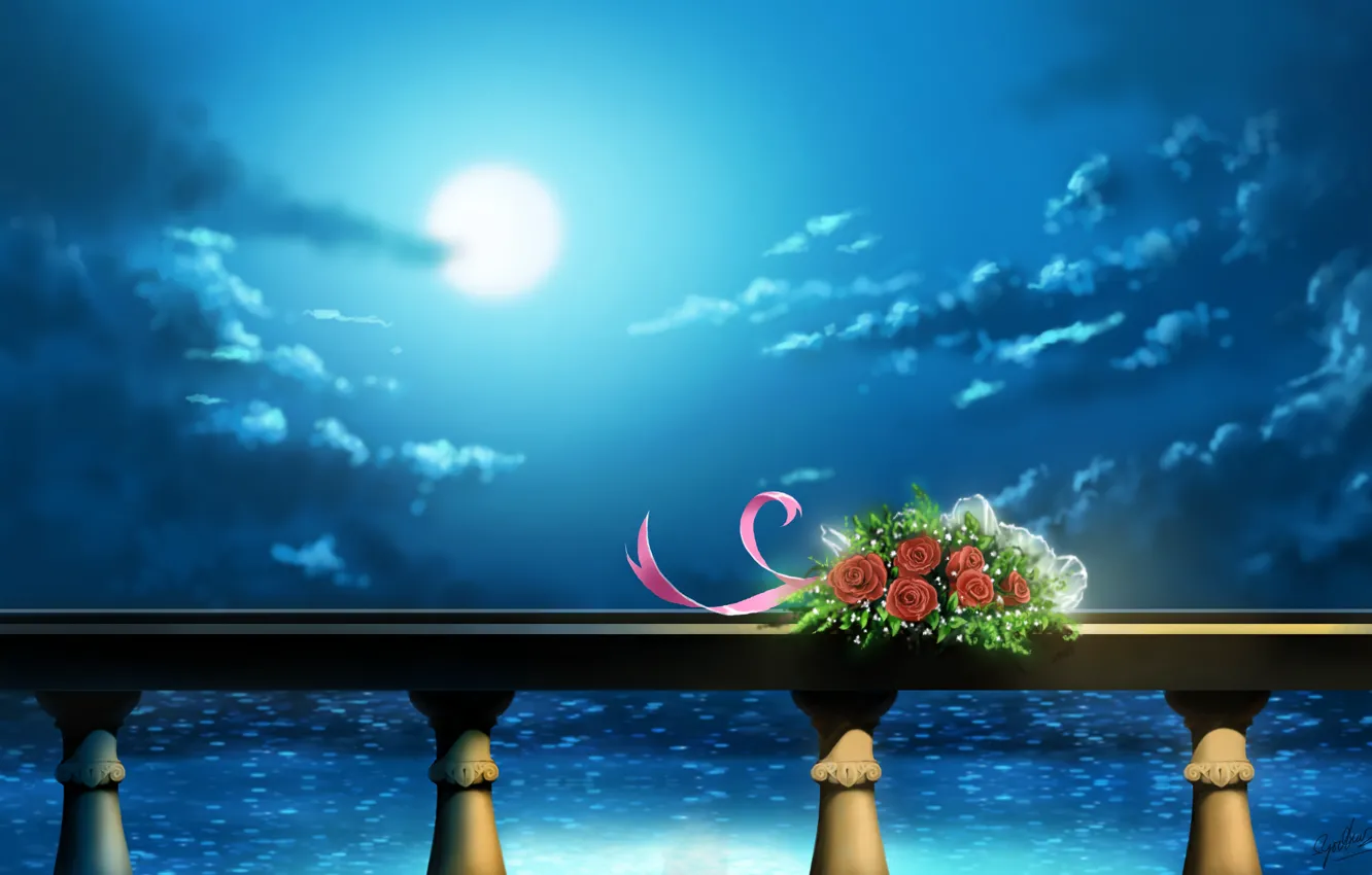 Фото обои море, облака, цветы, ночь, луна, букет, арт, перила