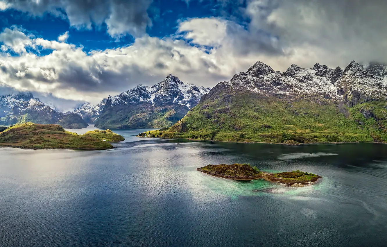 Фото обои горы, Норвегия, панорама, Norway, фьорд, Лофотен, Лофотенские острова, Lofoten