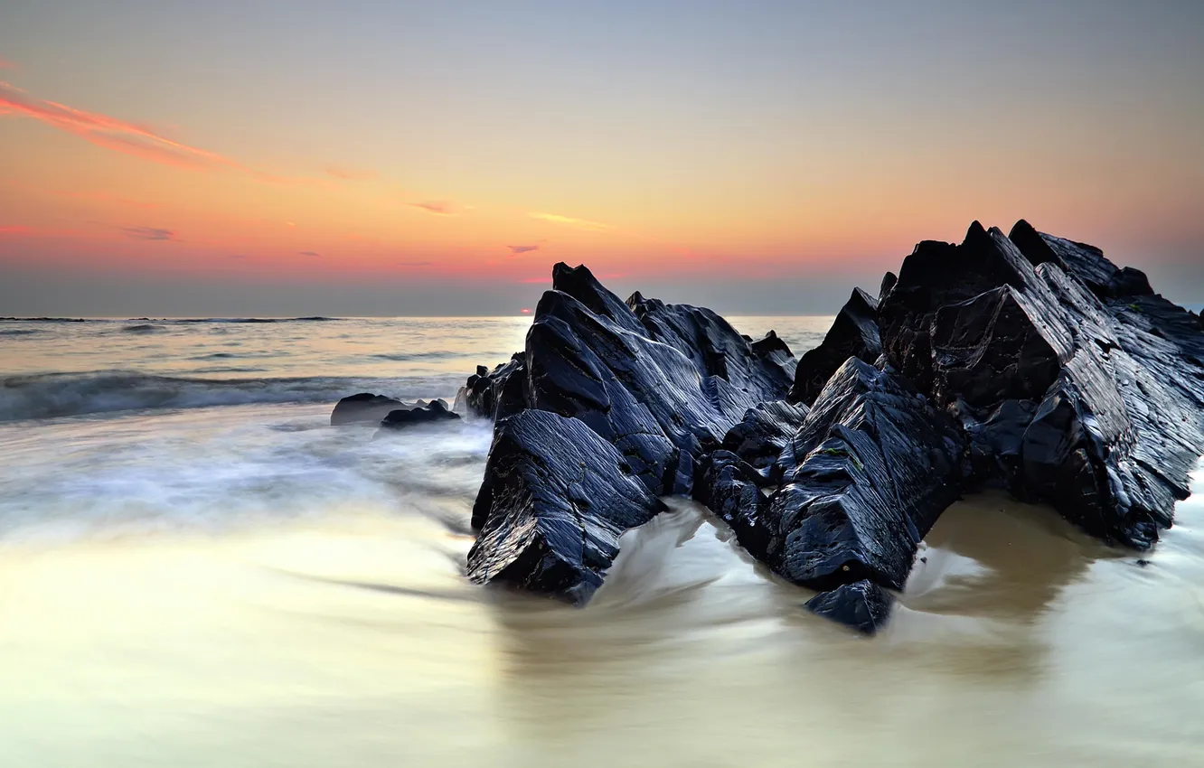 Фото обои море, вода, закат, камни