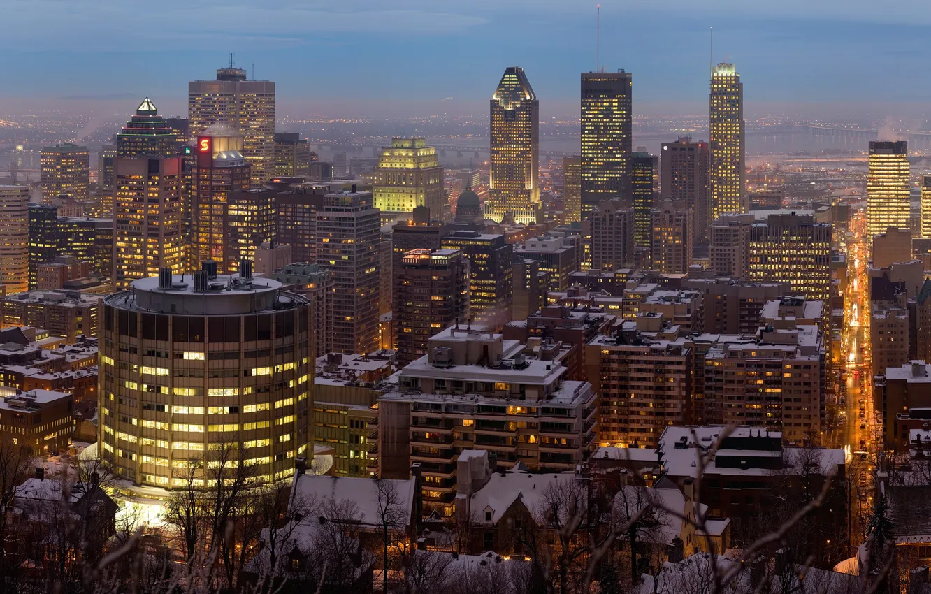 Фото обои Зима, Вечер, Город, Канада, Монреаль