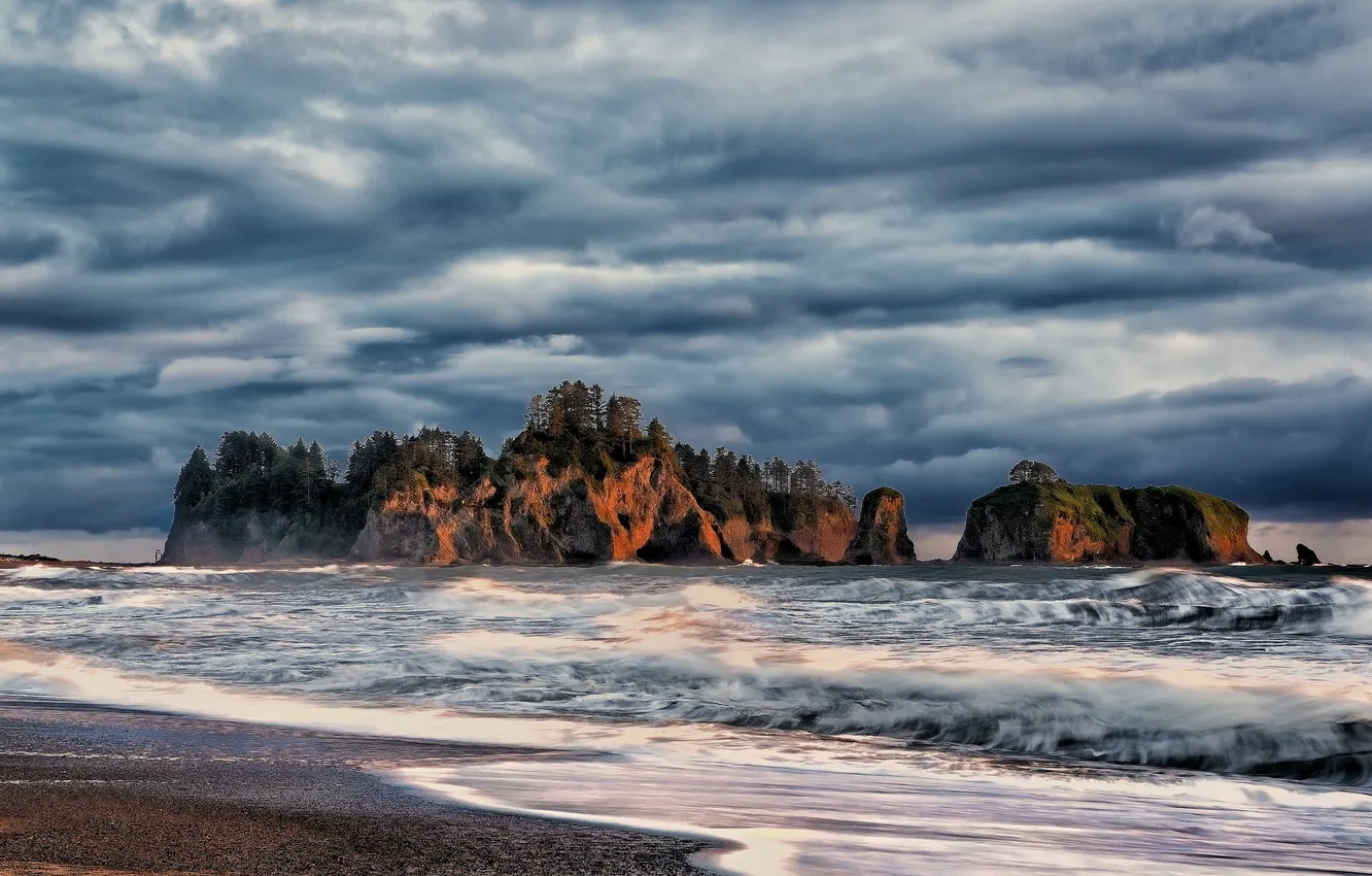 Фото обои тучи, скалы, побережье, Вашингтон, Pacific Ocean, Washington, Тихий океан, Olympic National Park