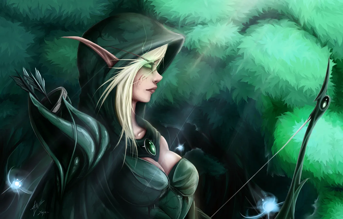 Фото обои лес, огни, лук, World of Warcraft, эльфийка, wow