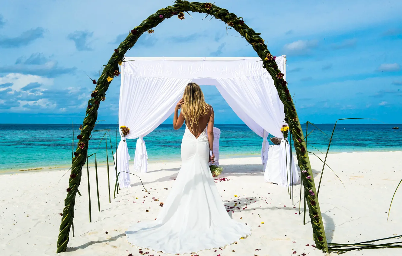 Фото обои море, девушка, берег, спина, платье, невеста