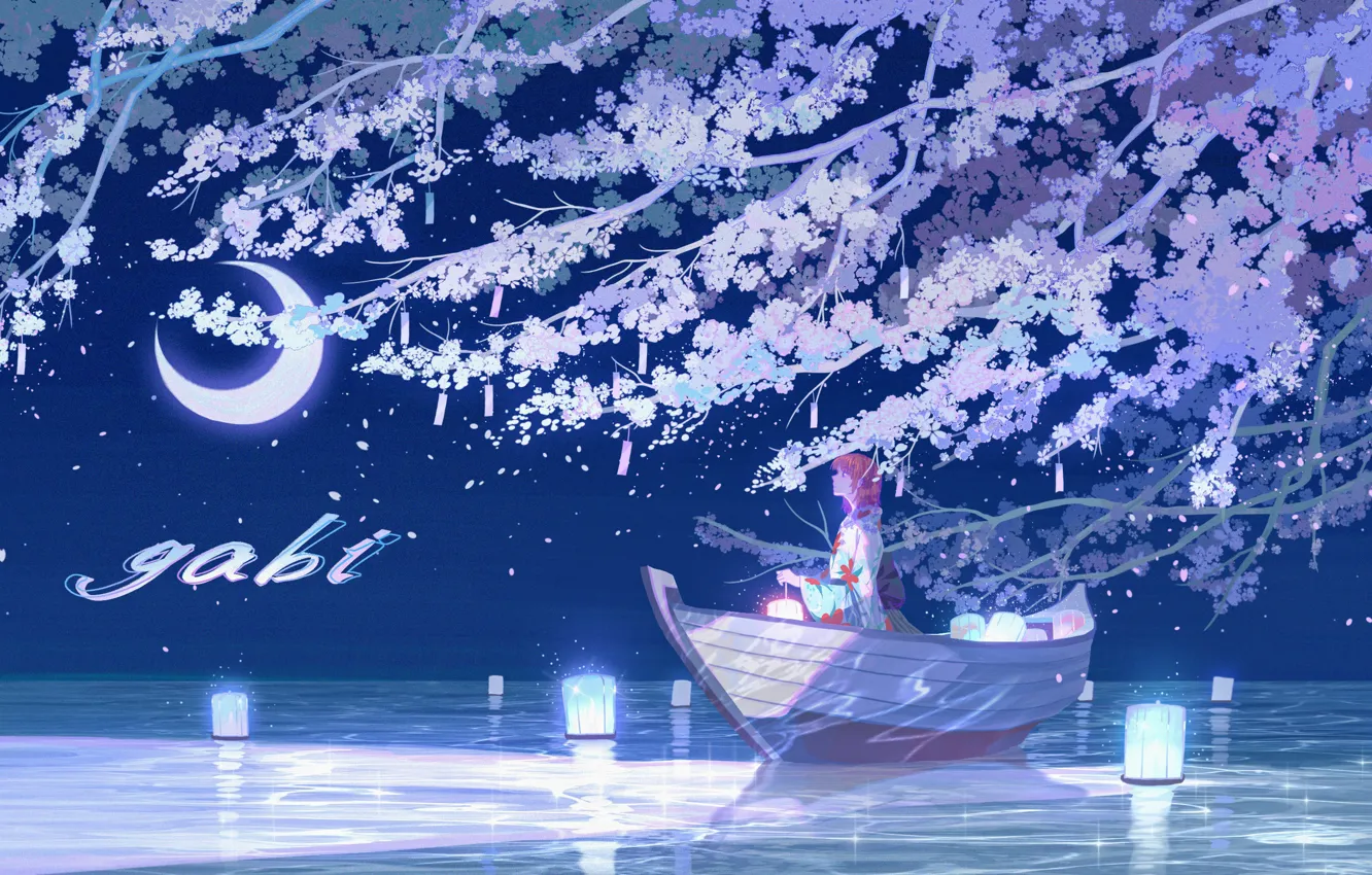 Фото обои вода, девушка, ночь, дерево, лодка, фонари, цветение, полумесяц
