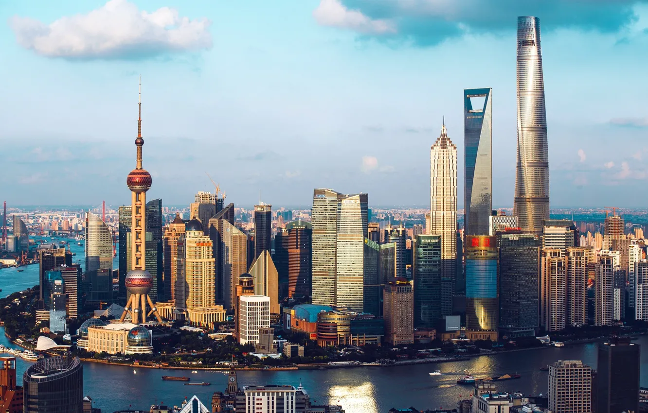 Фото обои город, река, здания, Китай, Шанхай, КНР