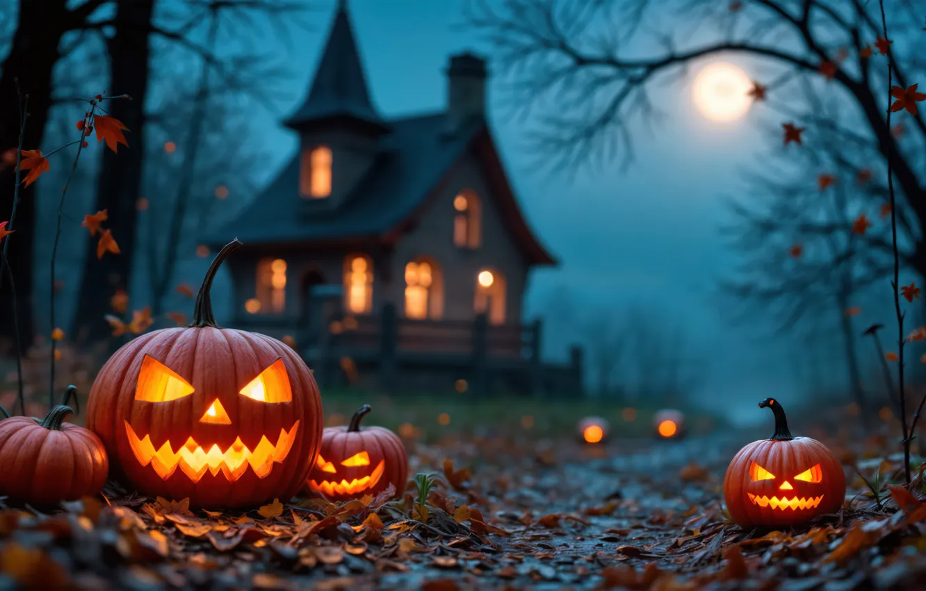 Фото обои Halloween, Halloween pumpkins, Celebrations, Halloween night, Haunted house, Jack-o'-lantern
