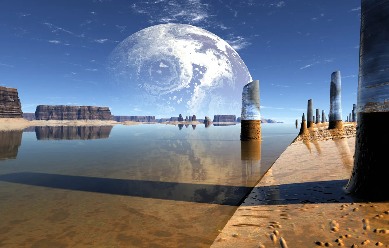 Фото обои вода, озеро, отражение, скалы, планета, колонны, lightdrop
