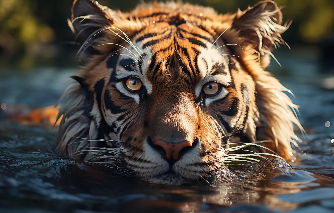 Фото обои Вода, Взгляд, Тигр, Морда, Хищник, Цифровое искусство, Большая кошка, Бенгальский