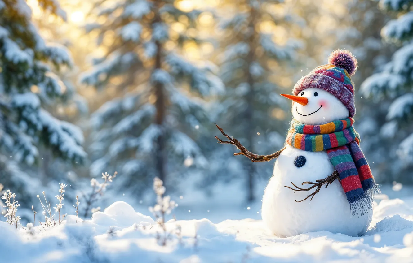 Фото обои зима, снег, украшения, Рождество, Новый год, снеговик, happy, Christmas