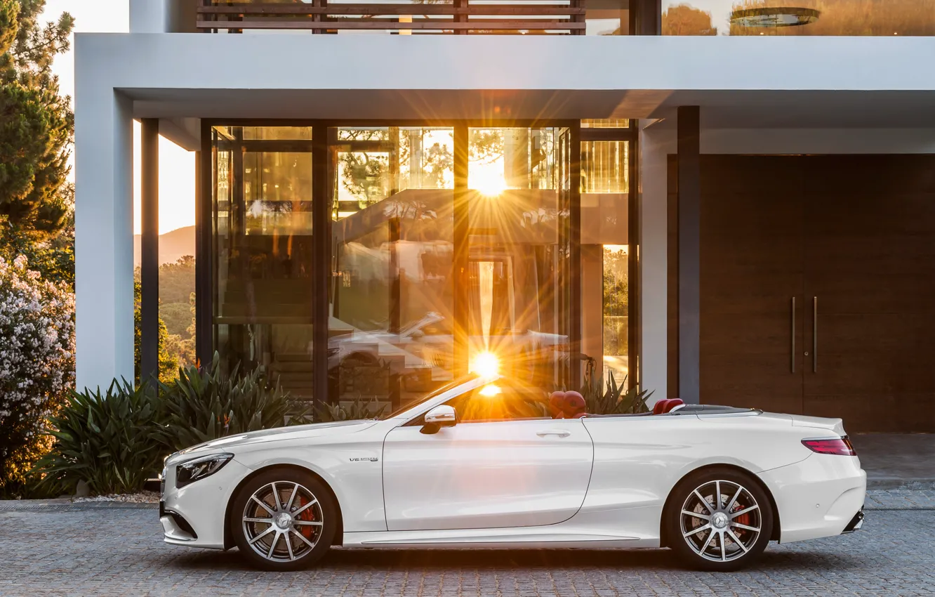 Фото обои солнце, Mercedes-Benz, белая, кабриолет, сбоку, мерседес, AMG, S 63