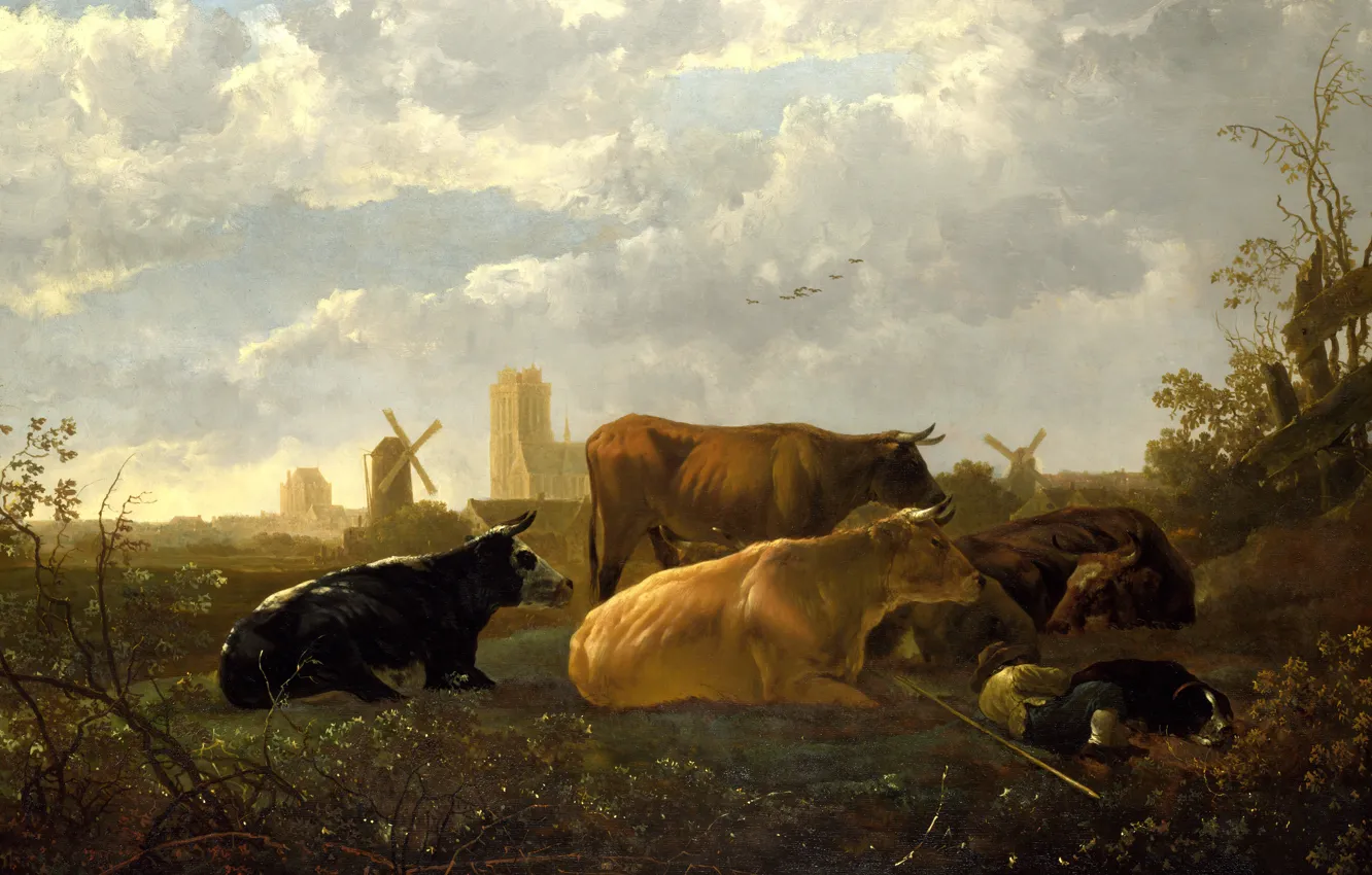 Фото обои животные, собака, картина, коровы, ветряная мельница, Альберт Кёйп, Aelbert Jacobsz Cuyp, Малый Дорт