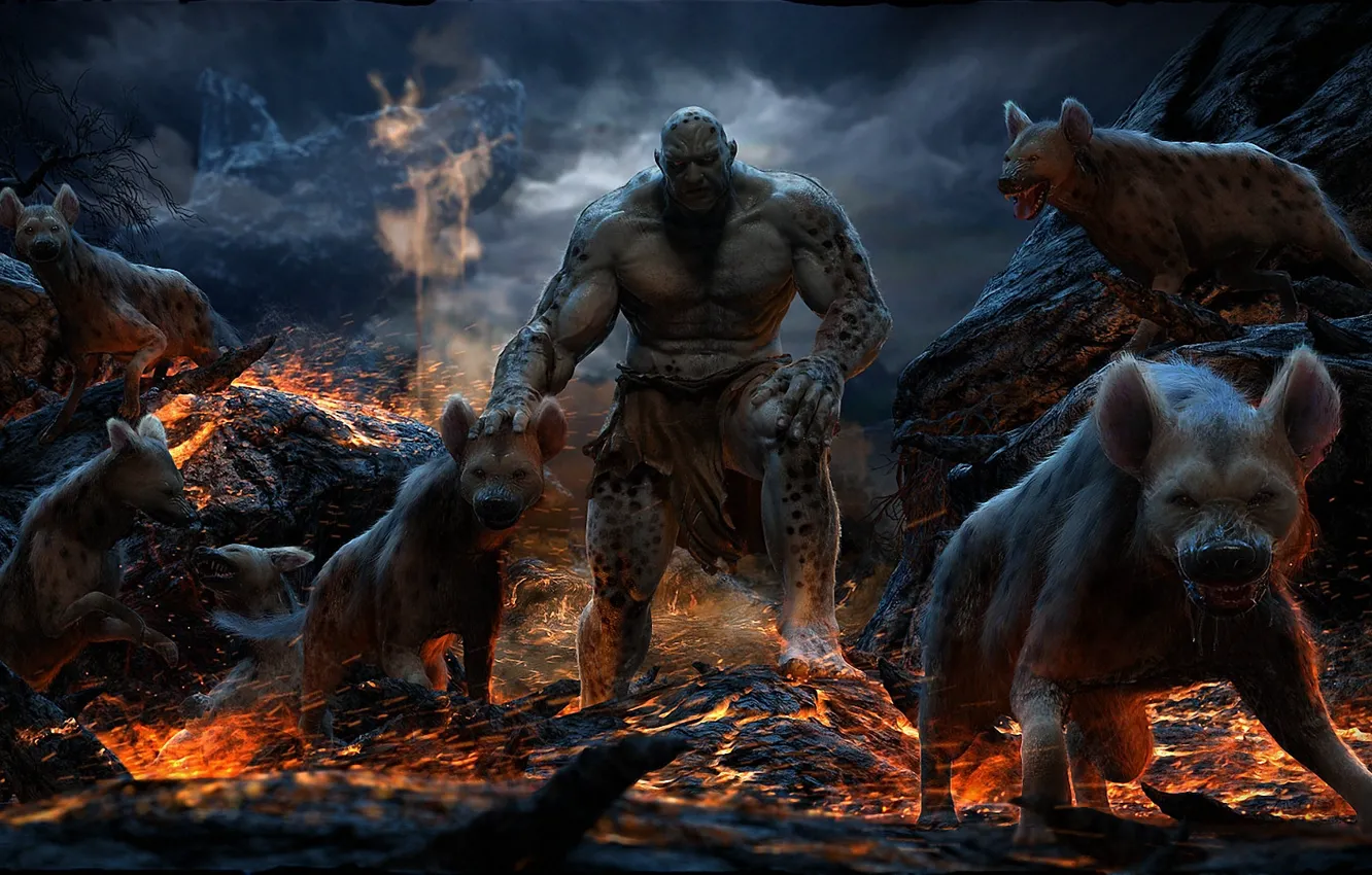 Фото обои звери, скалы, огонь, монстр, хищники, арт, лава, гиена