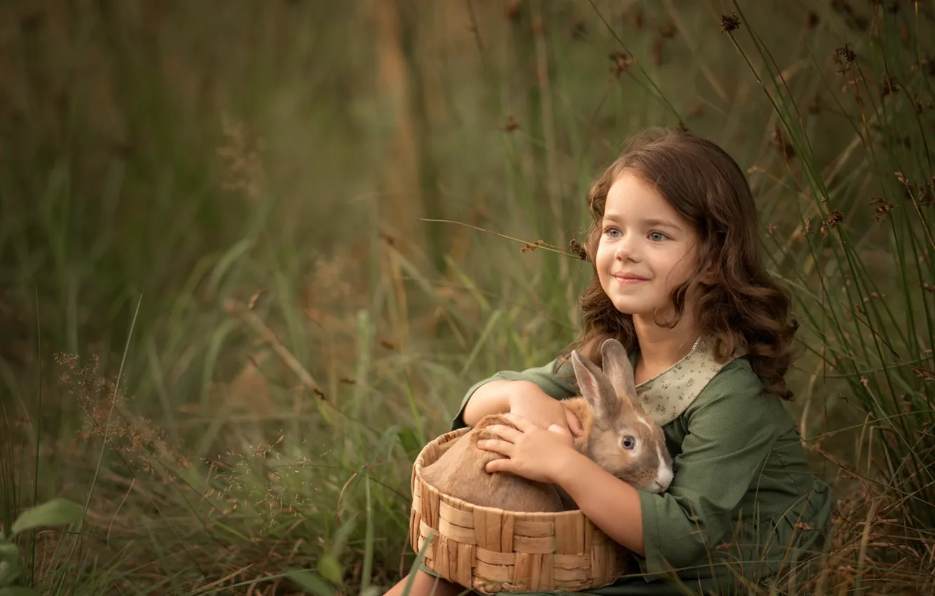 Фото обои корзина, кролик, девочка