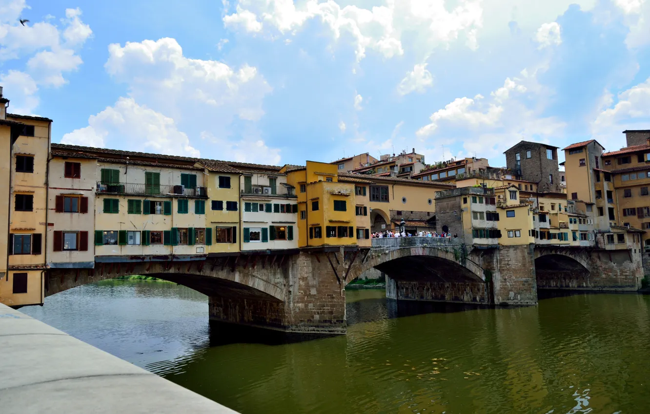 Фото обои Sky, Italy, Florence, River, Ponte Vecchio, Firenze, Old Bridge