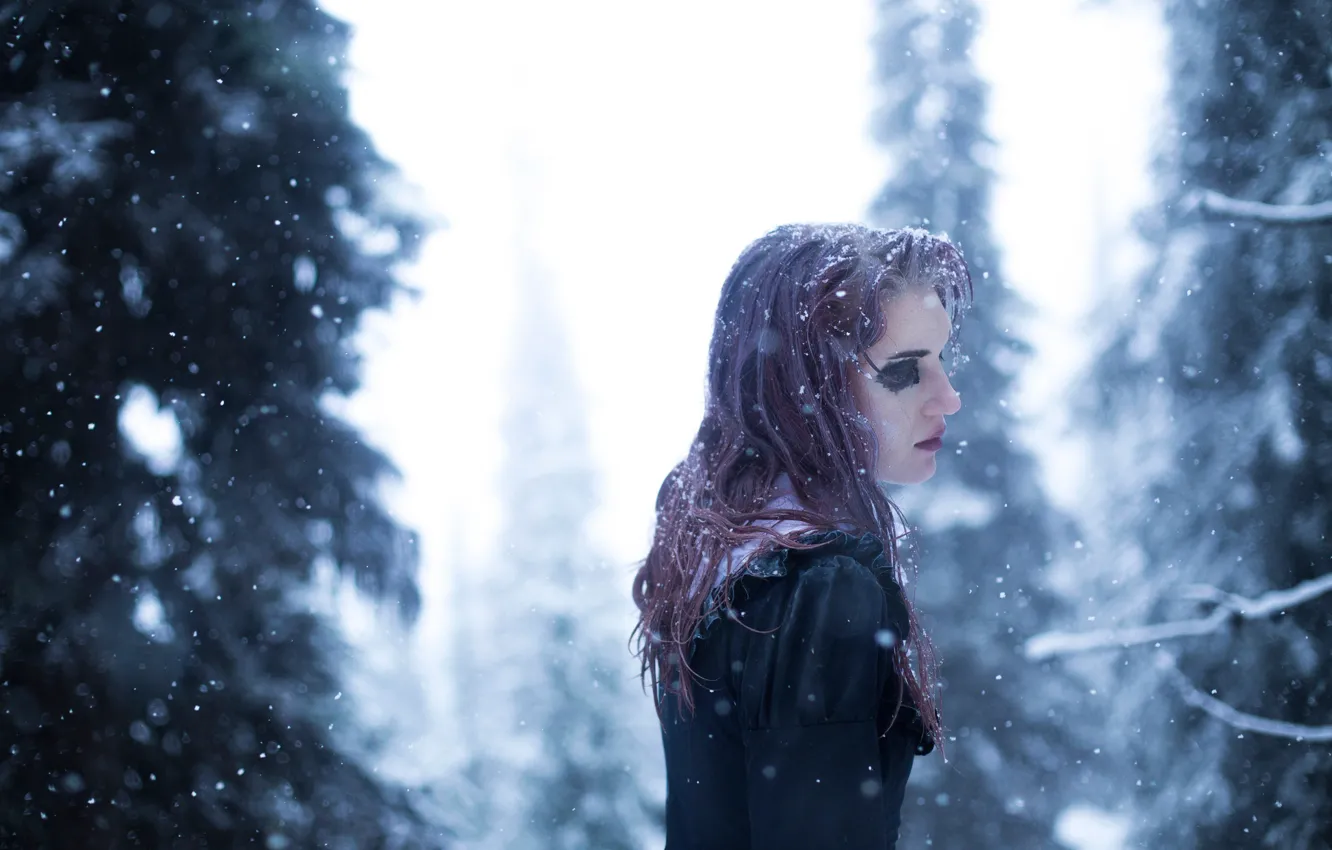 Фото обои холод, лес, девушка, снег