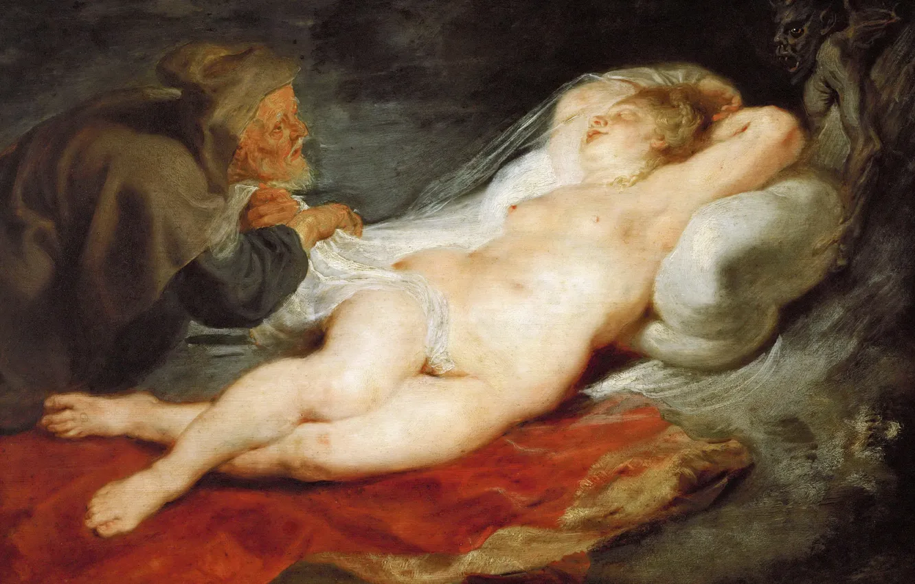 Фото обои эротика, картина, Питер Пауль Рубенс, Pieter Paul Rubens, Отшельник и Спящая Анжелика