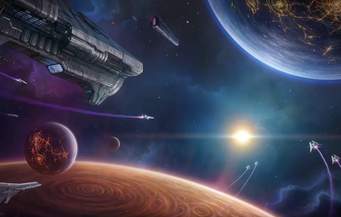 Фото обои космос, звезды, полет, планета, Space Fleet