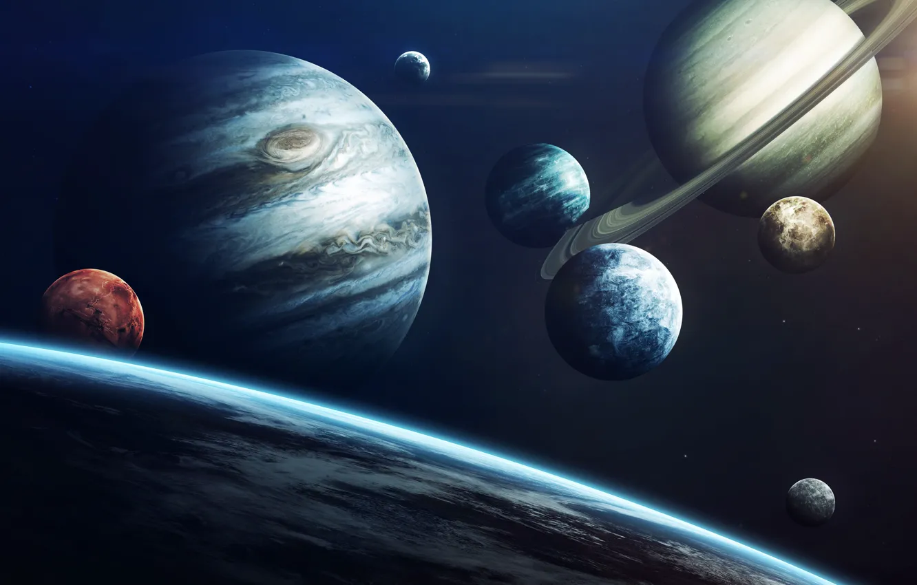 Фото обои Сатурн, Луна, Космос, Земля, Планеты, Moon, Марс, Юпитер