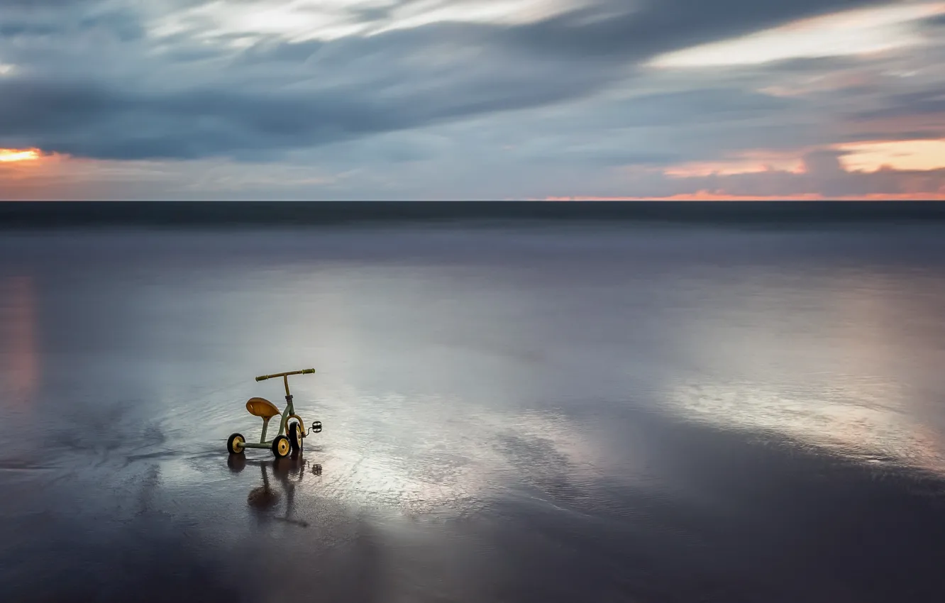 Фото обои море, закат, велосипед