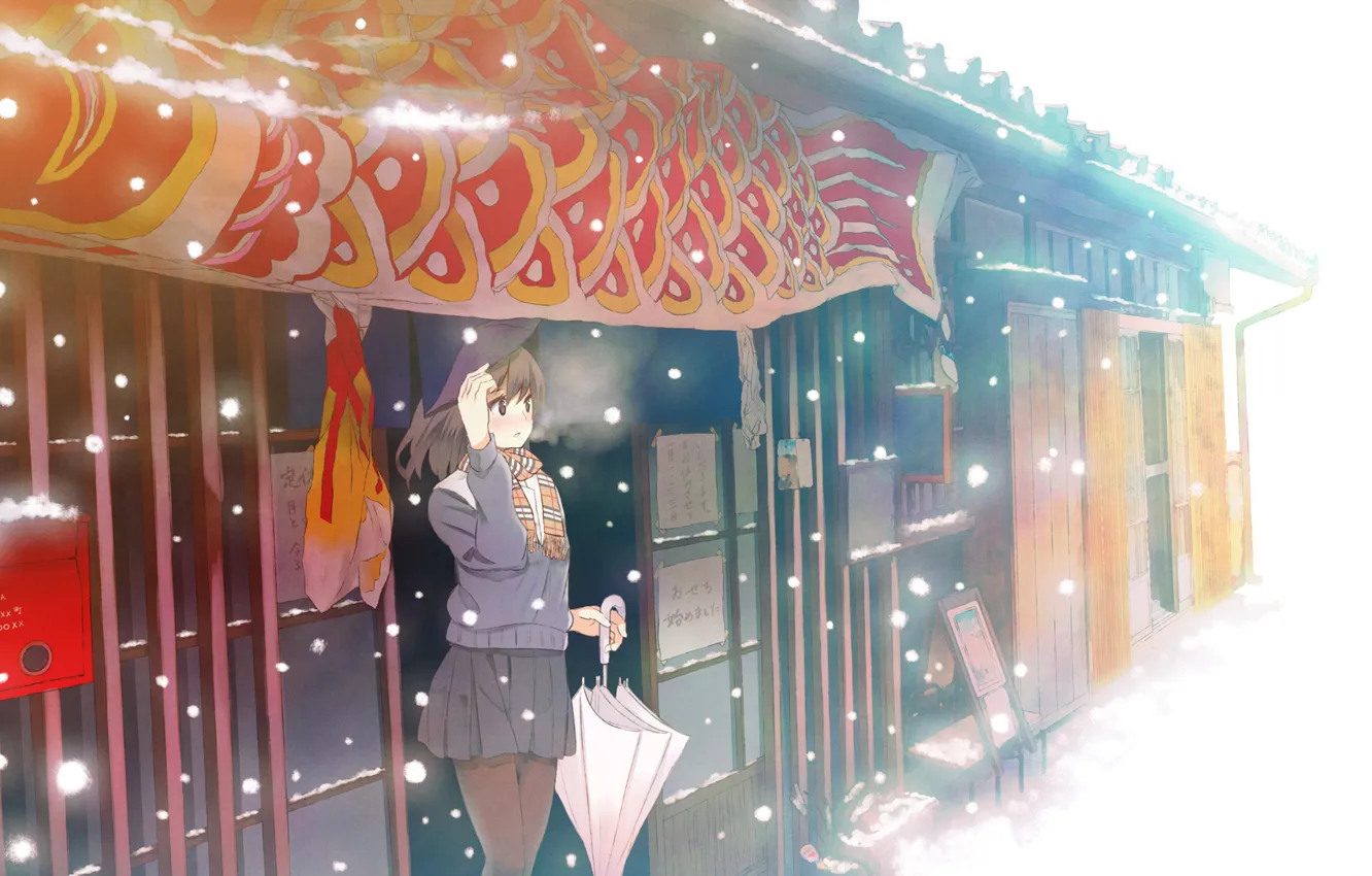 Фото обои холод, зима, девушка, снег, зонт, аниме, арт, пар