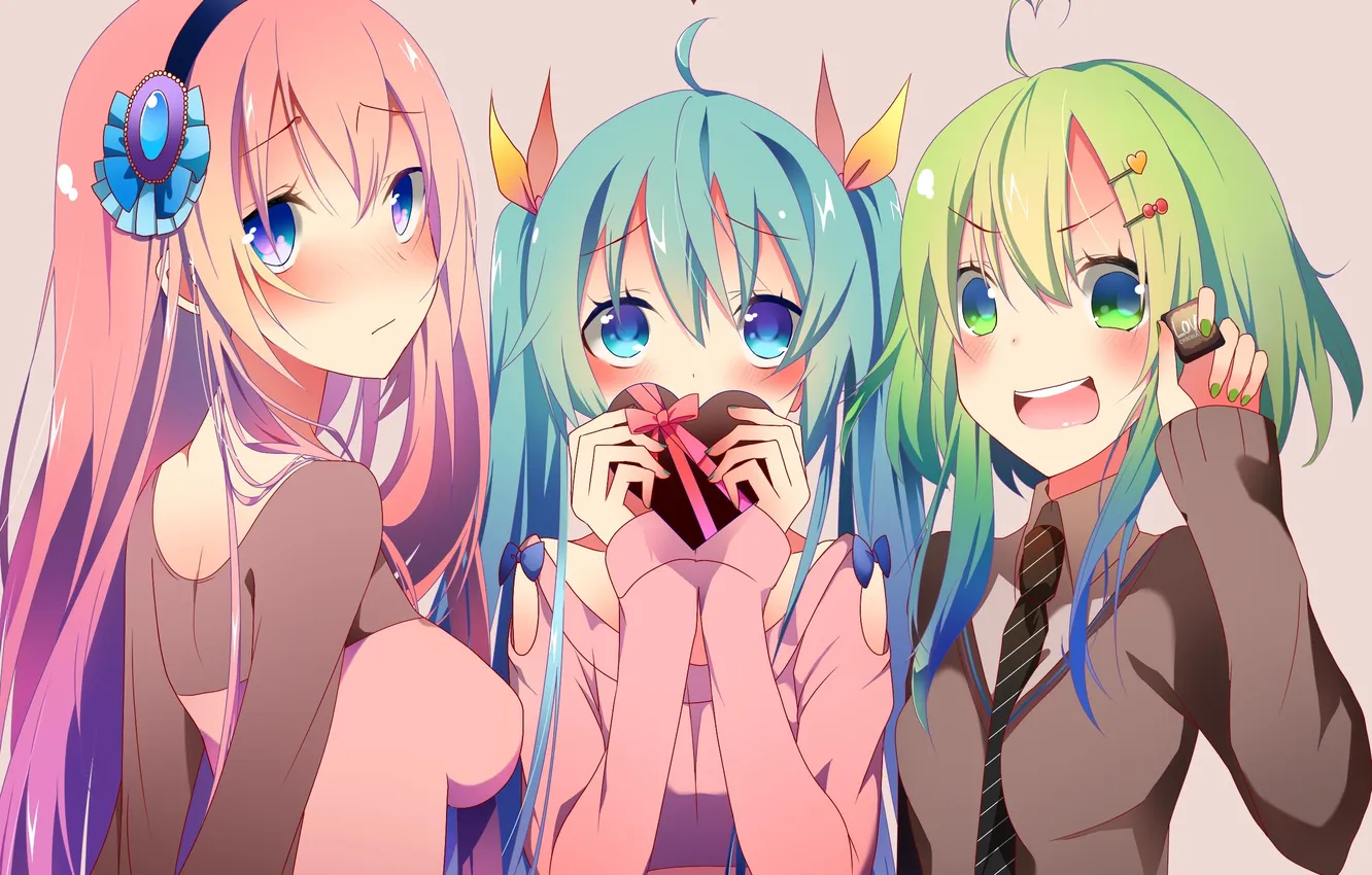 Фото обои девушки, шоколад, арт, галстук, vocaloid, hatsune miku, megurine luka, вокалоид