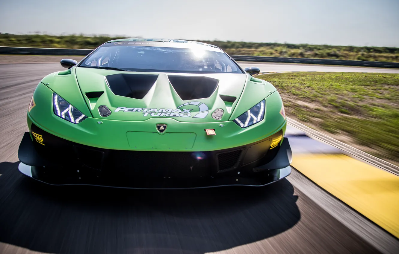 Фото обои Lamborghini, гоночное авто, вид спереди, GT3, 2018, EVO, Huracan