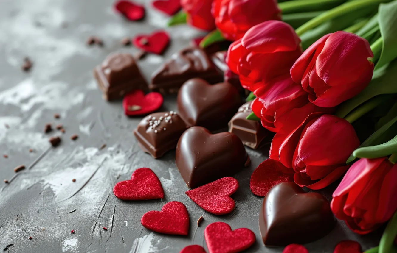 Фото обои любовь, цветы, подарок, романтика, сердце, тюльпаны, red, love