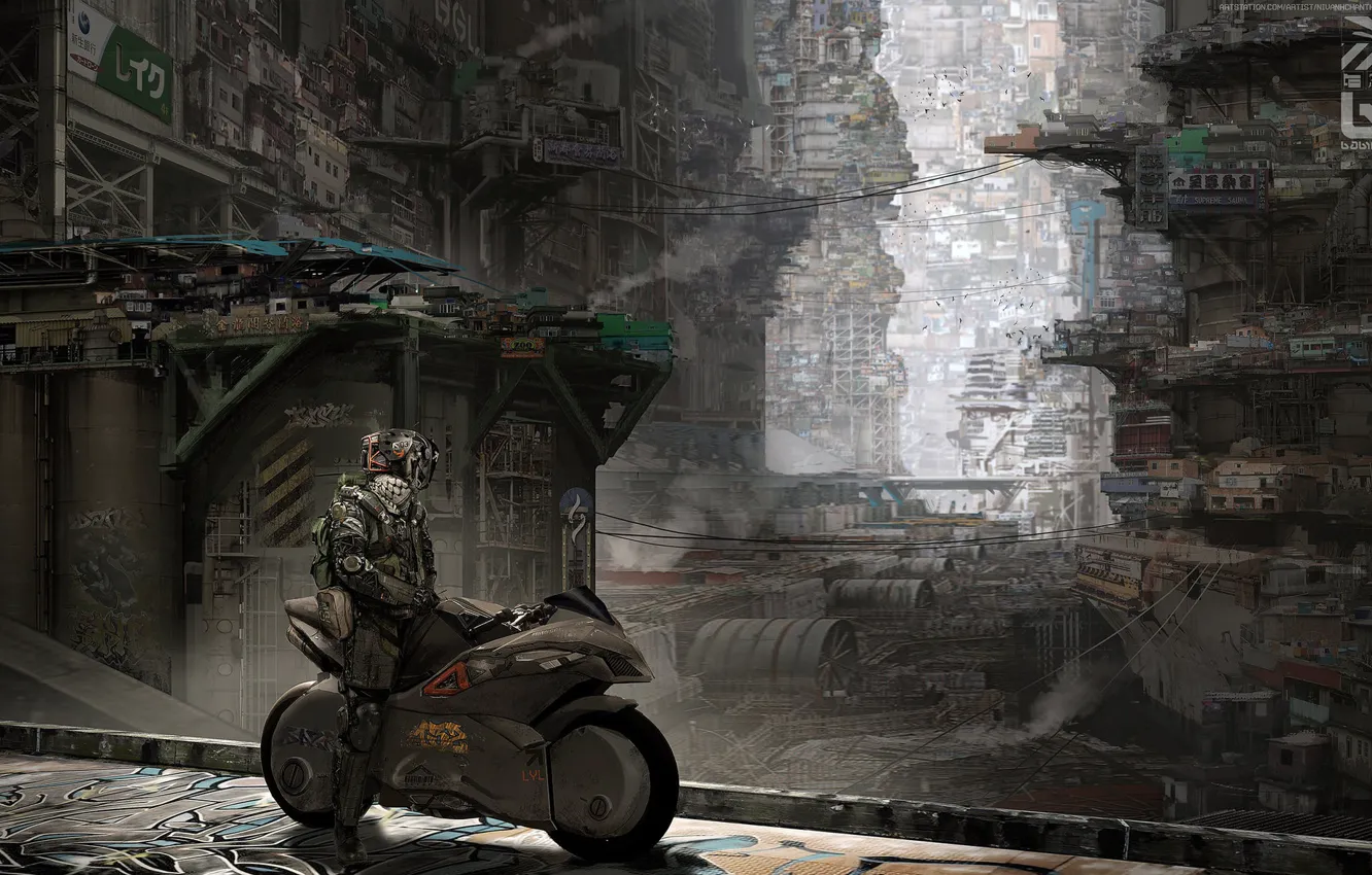 Фото обои city, город, будущее, фантастика, байкер, fantasy, bike, architecture