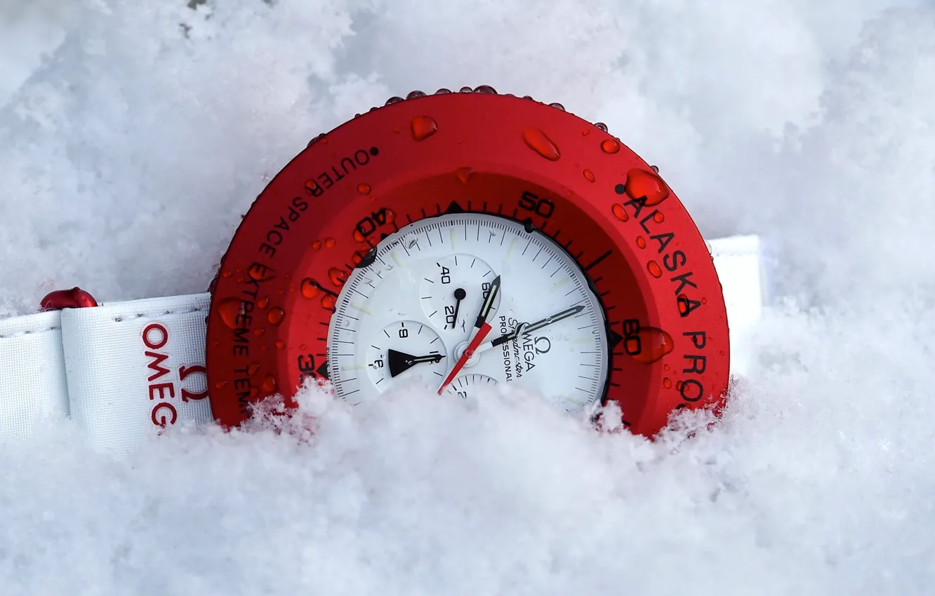 Фото обои red, white, Omega, snow, clock