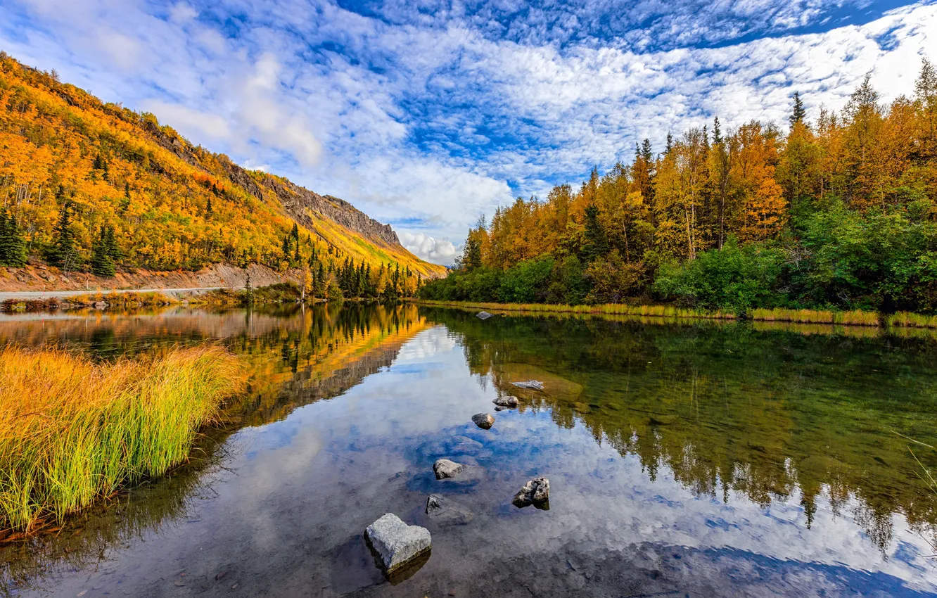 Фото обои осень, лес, небо, облака, горы, озеро, отражение, синева