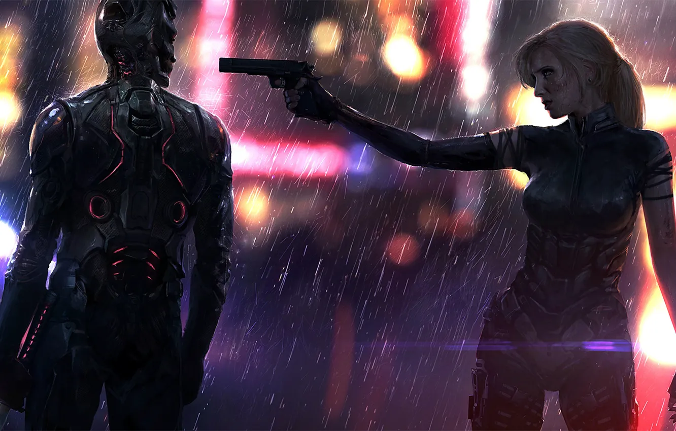 Фото обои пистолет, дождь, женщина, мужчина, sword, art, cyberpunk, helmet