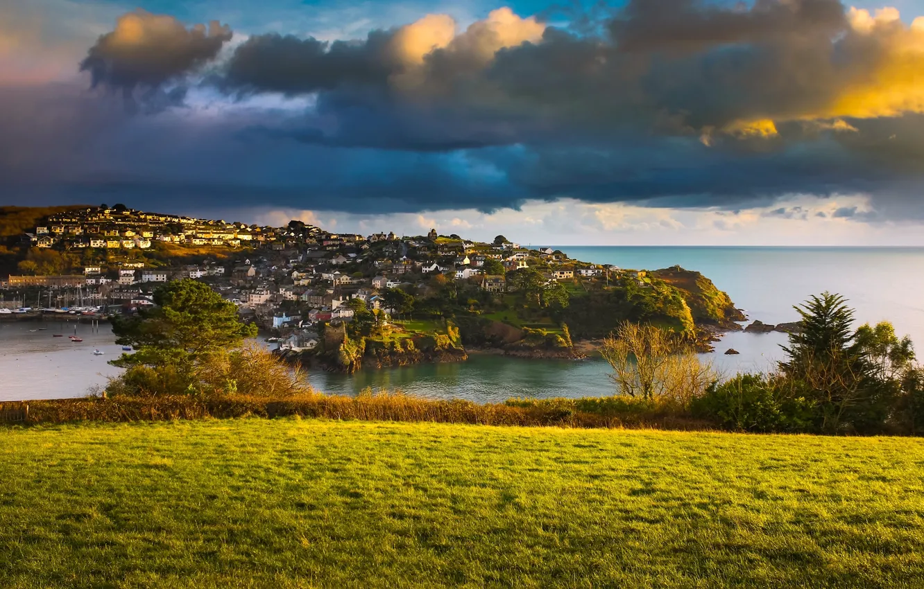 Фото обои море, облака, побережье, Англия, деревня, England, Корнуолл, Cornwall