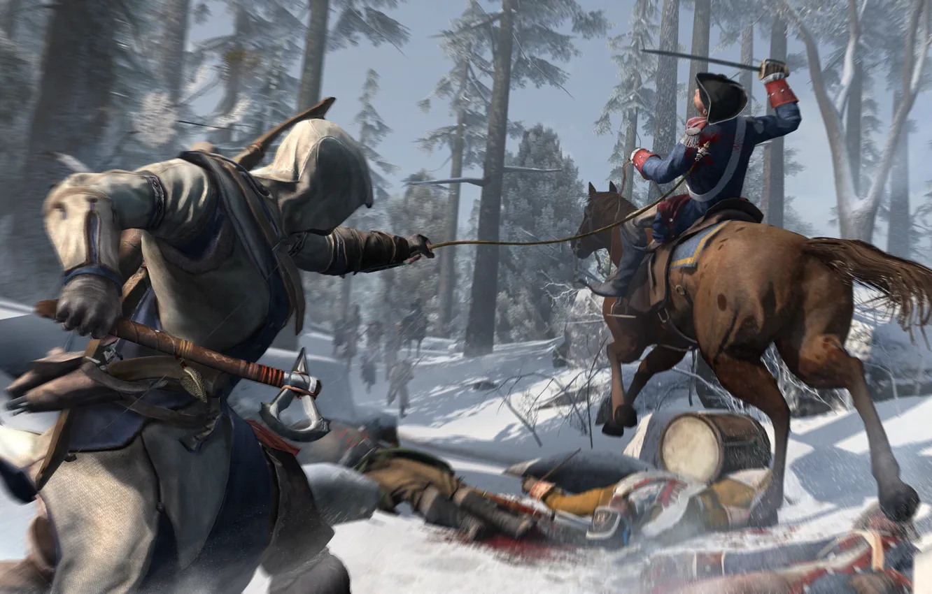 Фото обои зима, снег, лошадь, солдат, ассасин, Assassin's Creed III, Радунхагейду, индеец-полукровка