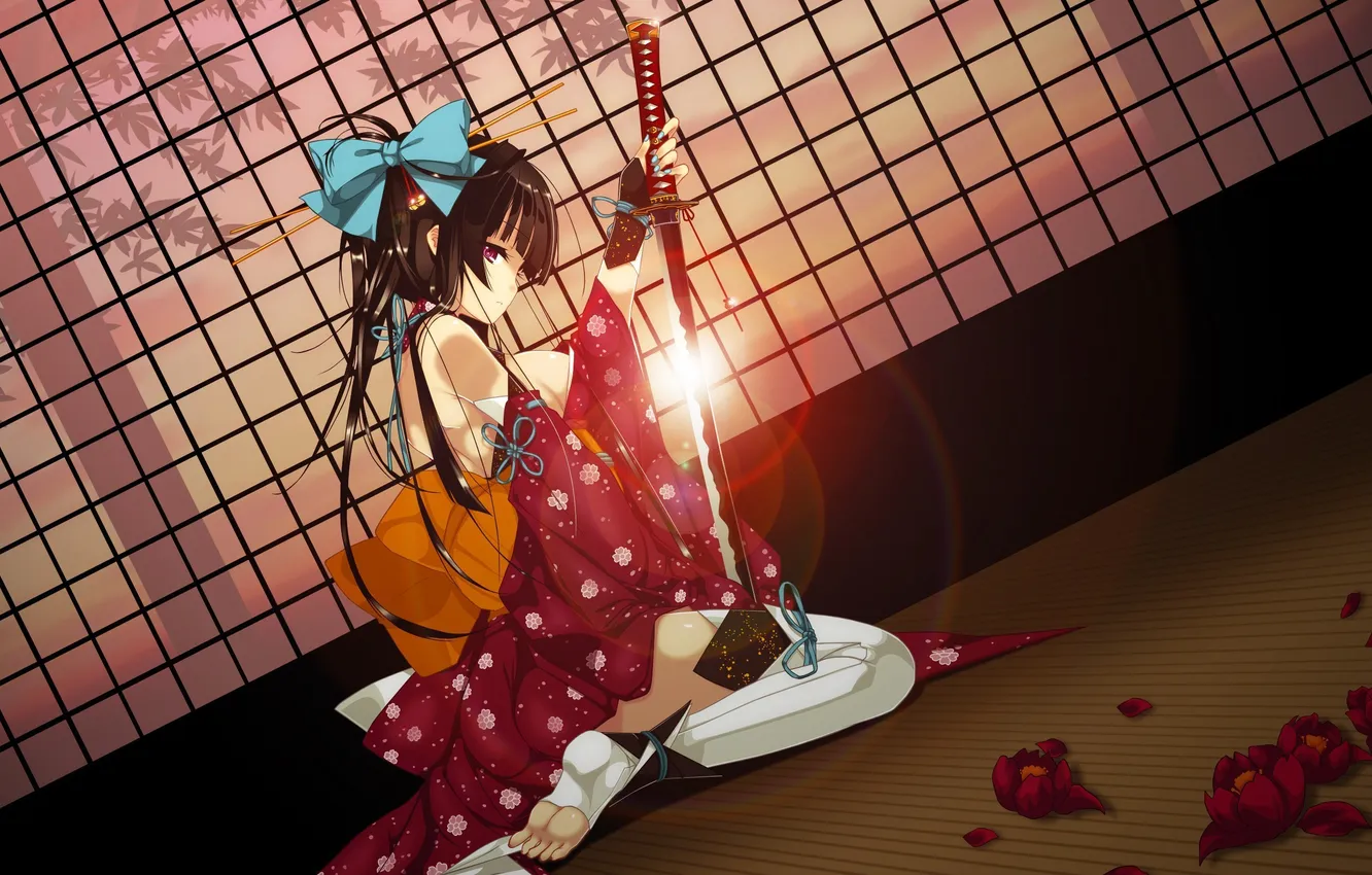 Фото обои закат, оружие, меч, катана, окно, арт, кимоно, деввушка