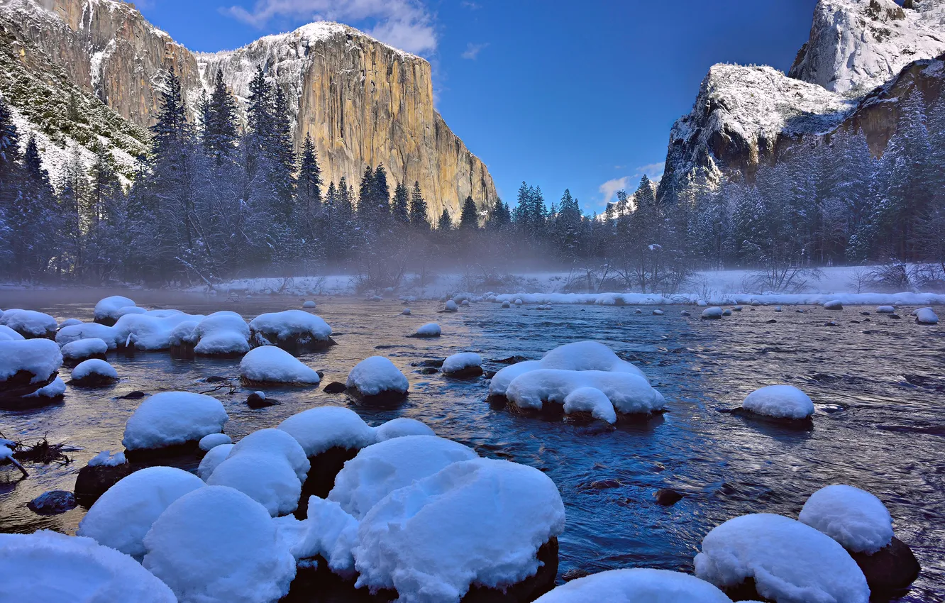 Фото обои зима, лес, снег, горы, река, сша, Национальный парк Йосемити, Yosemite National Park