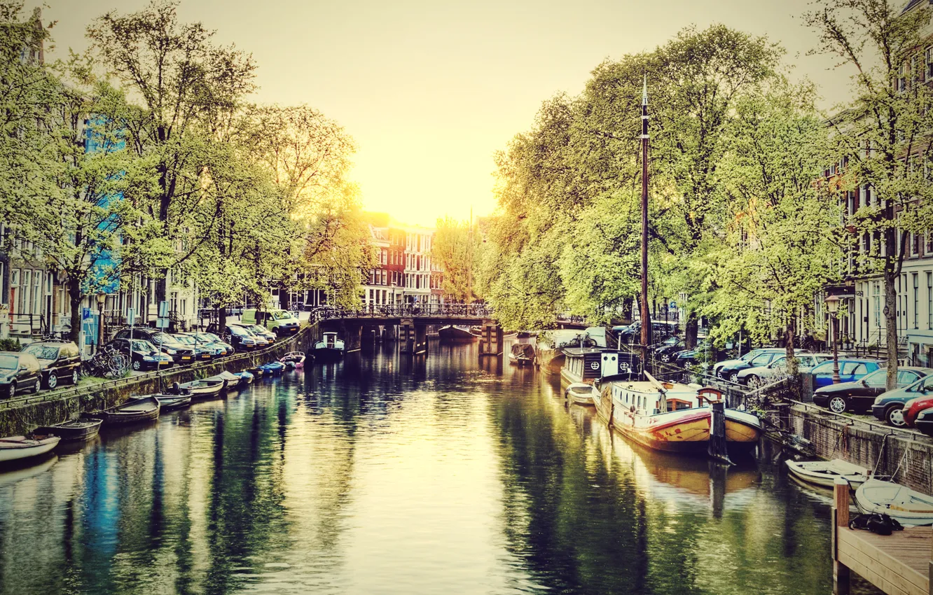 Фото обои Вода, Город, Канал, Рассвет, Амстердам, Нидерланды, Amsterdam, Голландия