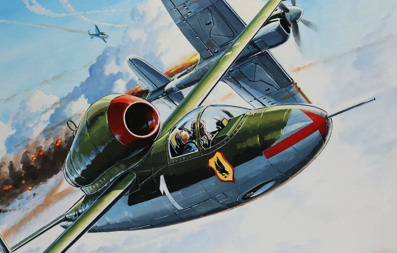 Фото обои рисунок, люфтваффе, Heinkel, Volksjager, Саламандра, He 162, Spatz, немецкий одномоторный реактивный истребитель