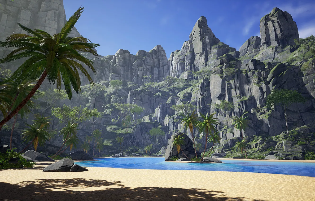 Фото обои пальмы, скалы, лагуна, островок, Tropical island