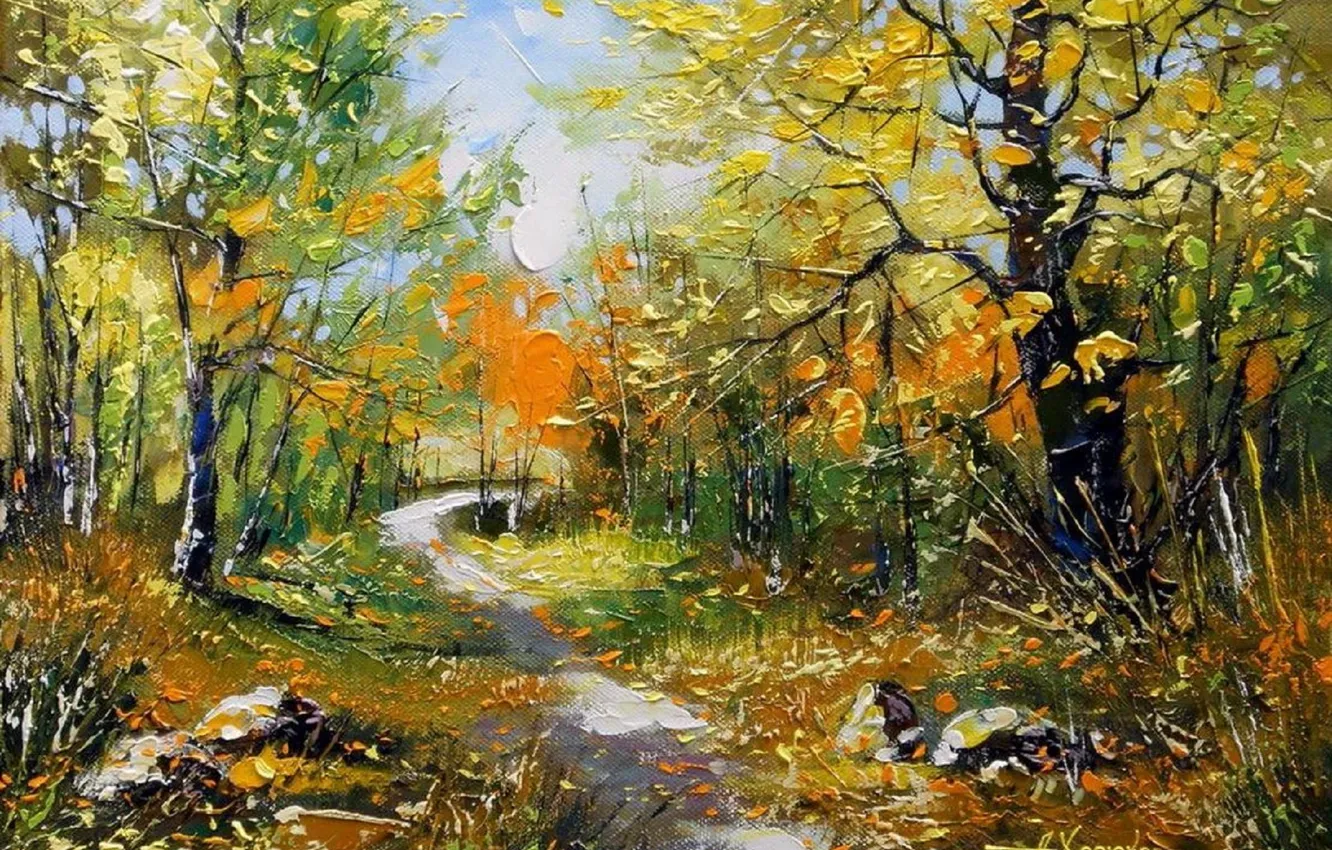 Фото обои дорога, осень, лес, деревья, пейзаж, камни, листва, картина