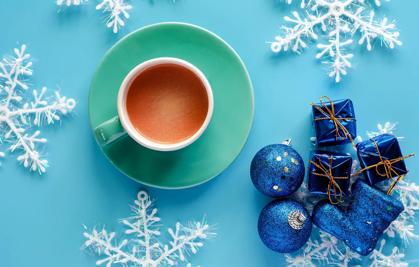Фото обои зима, снежинки, фон, голубой, Новый Год, Рождество, чашка, Christmas